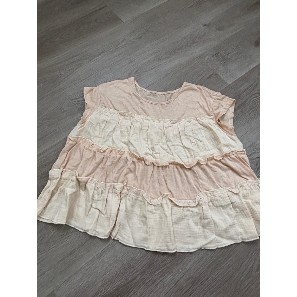 Boho Tiered Ruffle Gauze Top Peach Cream Colorblock Babydoll Blouse Short Sleeve